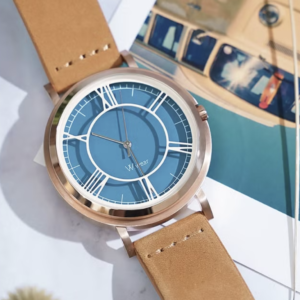 藍面鏤空羅馬字釘穿搭手錶 - 藍面土黃麂皮錶帶