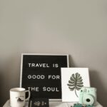 A travel-themed flat lay with a camera, coffee, and motivational quote.